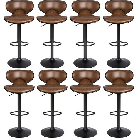 Skecten Juego de 8 Taburetes de Bar Taburetes Alto de Cocina con Respaldo, Regulable en Altura y Giratorio Cromado de Cuero sintético, para Isla Cocina/Comedor (Marrón)