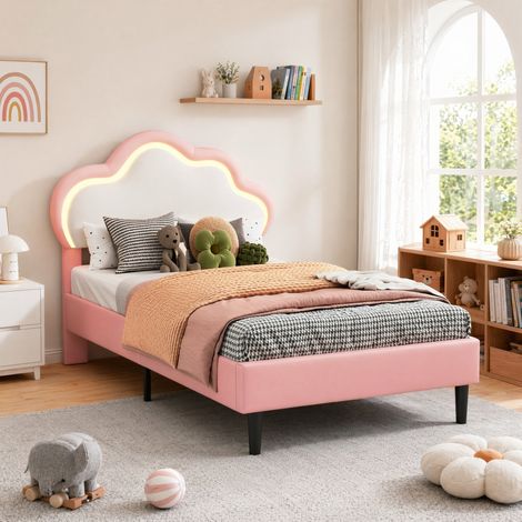Letto singolo 90x200, letto imbottito per bambini 90x200 cm, testiera con LED, struttura letto con rete a doghe, ecopelle, rosa (1/5)