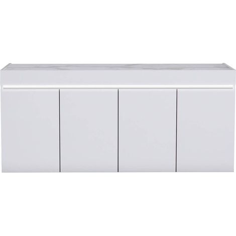 CHRIS WHITE - Buffet 4 Portes Laqué Blanc Brillant Plateau Imitation Marbre avec Led