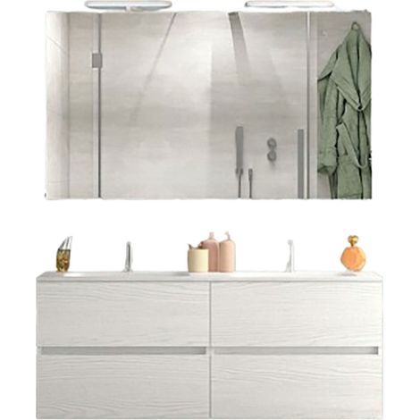 Mobile da Bagno Sospeso con Lavabo 120cm 2 Vasche e Specchio Bali Light Double Bianco Frassino (1/2)