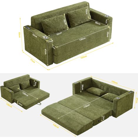 Divano letto 2 posti 153 x 77 x 65 cm verde con USB, portabicchieri e 2 cuscini DESVIAE (1/5)