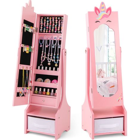Mobiletto portagioie per bambini 31,5 x 30 x 115 cm con specchio a figura intera e spazio di archiviazione compatto stile unicorno finitura MDF rosa 200010366
