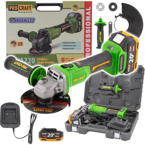 Amoladora angular a batería Procraft PWA220 20 V 125 mm sin escobillas + 1 batería de 4,0 Ah + cargador + maletín