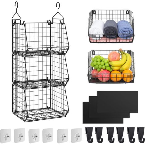 Corbeille a Fruit Panier fruit et Legumes Rangement Suspendu Etagere Suspendue 3 Niveaux Murale Suspendue Range Rangement Cuisine avec 6 Crochets Acier allié Noir (1) (1/5)