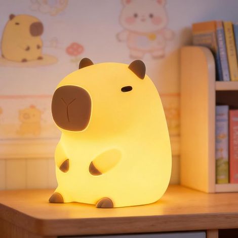 Veilleuse LED capybara rechargeable pour enfants et bébés, silicone souple, 3 niveaux d'intensité, lampe tactile à presser pour chambre (1/5)