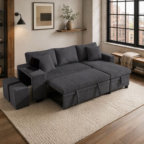 Divano letto angolare 3-4 posti con contenitore, USB e USB-C, grigio scuro HAVRYA (1/5)