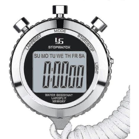 Chronomètre numérique en métal avec rétroéclairage, précision au 1/100e de seconde et mémoire de 2 tours.