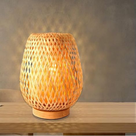 Hand gewebte Bambus Tischlampe Kreative ländliche Art Doppelschicht Bambus Lampenschirm Nachtlicht Tischleuchte Dekorative Tischbeleuchtung für Schlafzimmer, Wohnzimmer,Stecker nach europäischem Stand (1/5)