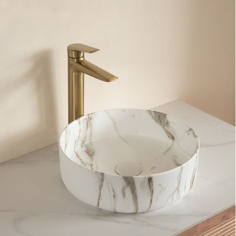 Vasque à poser ronde en céramique blanc pierre, motif minéral (1/5)