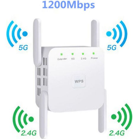 Répéteur Wi-Fi 1200 Mbps – Double bande 5 GHz et 2,4 GHz – Couverture jusqu'à 2000 pieds carrés – 4 antennes à gain élevé