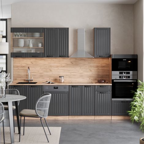 Küchenzeile Fame-Line, Dunkelgrau, 300 cm mit Hochschrank, ohne Arbeitsplatte, Vicco