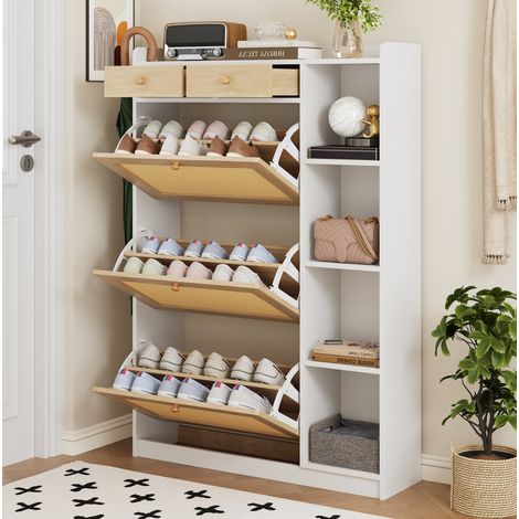 Zapatero estrecho con 3 abatibles, 2 cajones y estantes laterales 90x24x130 cm (1/5)