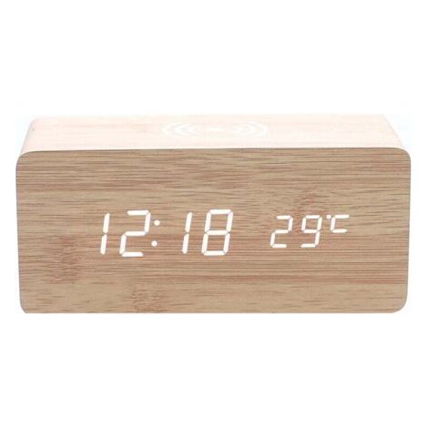 Réveil en bois beige avec chargeur sans fil, compatible iPhone et Samsung, affichage numérique LED, fonction de contrôle du son, affichage de l'heure, de la date et de la température.
