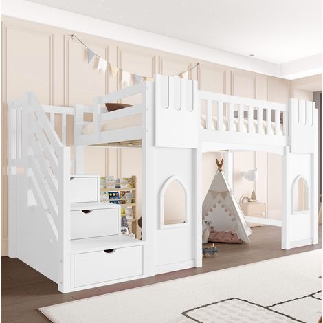 Letto a soppalco 90x200 cm in legno bianco con scala contenitore, finestre e rete a doghe (1/5)