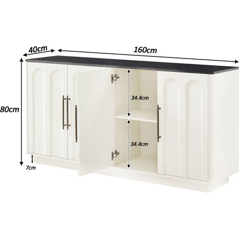 Buffet à façade cintrée, 4 portes, charnières à fermeture amortie et dispositif anti-basculement, meuble de rangement de 160 cm de large pour salon et salle à manger, blanc et noir (1/4)