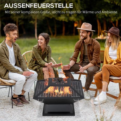 Set de Feu de Camp 45x45x34cm en Acier Inoxydable, Foyer avec Pare-Étincelles et Tisonnier, Brasero pour Jardin, Balcon, BBQ, Camping, Noir (1/5)