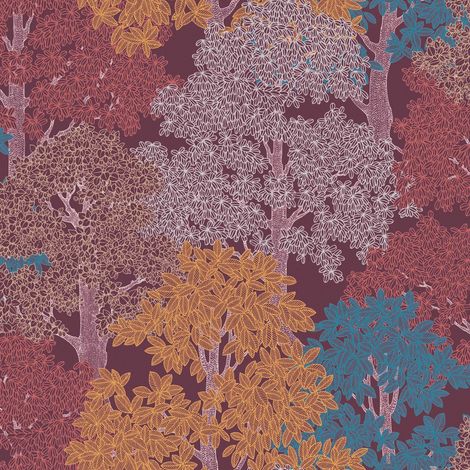 Natur Tapete Profhome 377533 Vliestapete glatt mit Waldmotiv matt lila rot gelb grau 5,33 m2