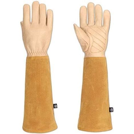 Gants de jardin spécial rosier et épineux pour homme et femme, cuir de chèvre, protègent vos bras jusqu'aux coudes (HCT05) M (1/4)
