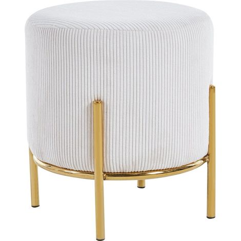 Tabouret Pouf Rembourré Aspect Velours Côtelé Beige Ø 35 cm et Pieds en Acier Doré - PANGIVO (1/3)