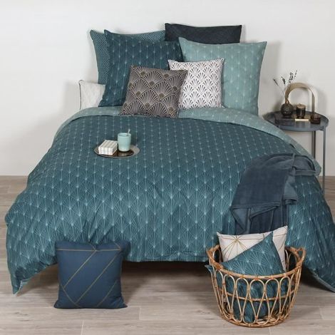 Parure de lit - Azsy - Gatsby géométrique - 240x220 cm - Microfibre - Imprimé bleu (1/4)