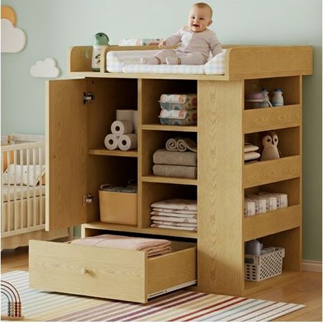 Table à langer avec tiroir, armoire, espace de rangement, porte-serviettes, espace à langer avec séparateurs, naturel
