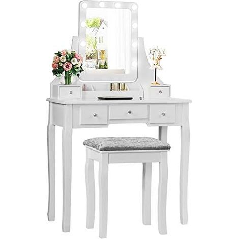 GOPLUS Table de Maquillage en Bois, Ensemble de Coiffeuse et de Tabouret avec Miroir Pivotant,Luminosites Reglables, 5 Tiroirs, Boîte de Rangement, pour Chambre, Dressing (Blanc) (1/5)