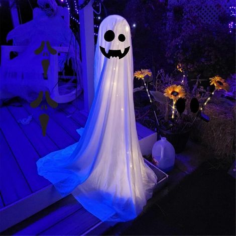 Décorations extérieures d'Halloween : Fantôme effrayant sur pied avec paillettes (petit modèle), yeux de tailles différentes. (1/5)