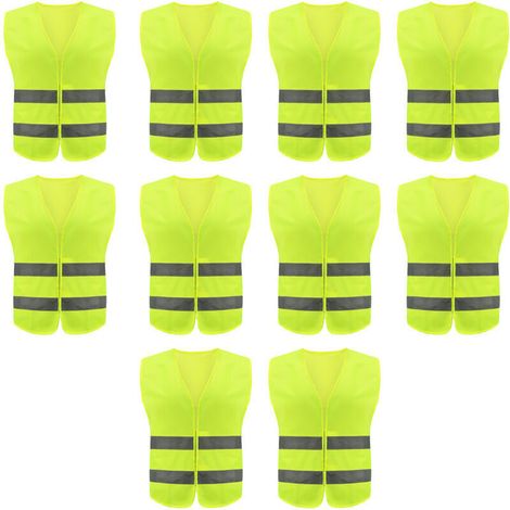 Lot de 10 gilets de sécurité haute visibilité pour travail routier, garde de sécurité - Gilet de construction avec 2 bandes réfléchissantes, résistant et confortable pour un usage professionnel ou loi