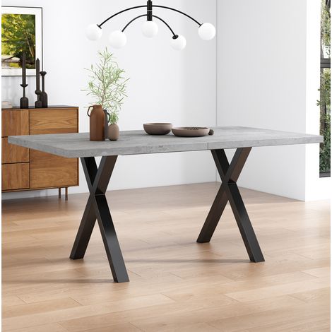 Table à manger 140x80x76 cm gris et noir en MDF et métal style moderne avec piétement croisé (1/5)