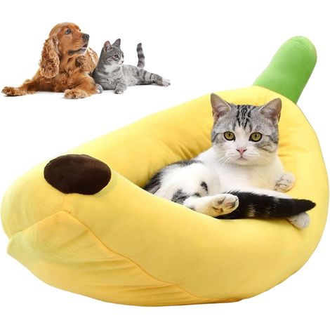 Panier pour chat, adorable panier en forme de banane, 58 x 33 cm, doux et confortable, accessoire idéal pour chats, chatons, lapins et petits chiens, jaune. Arbres à chat et tours de jeu inclus. (1/5)