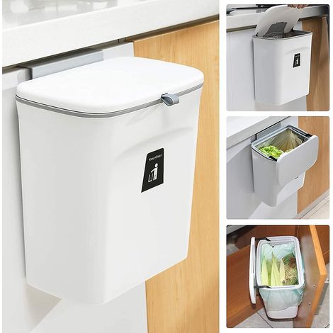 Poubelle suspendue de cuisine 9 L, pliable et à fixer sur la porte d'un placard ou d'une chambre. Avec grattoir intégré. Idéale pour la chambre, le bureau, la salle de bain, le dortoir ou la maison. (1/5)