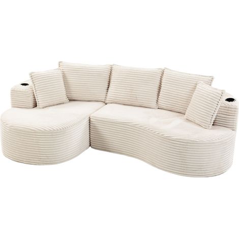 Sofá curvo de tela efecto pana beige con portavasos, bolsillos laterales y cojín (1/5)