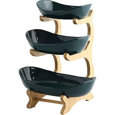 Corbeille à fruits en céramique JeiibrZui - 3 niveaux avec bois de bambou - Ensemble de 3 bols empilables pour une organisation optimale de la cuisine - Vert (1/5)