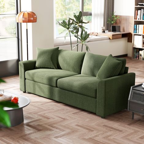 Sofá de 3 Plazas Tapizado en Pana con 2 Almohadas Reposabrazos y Cojín de Muelles 212x80x88 cm Verde (1/5)