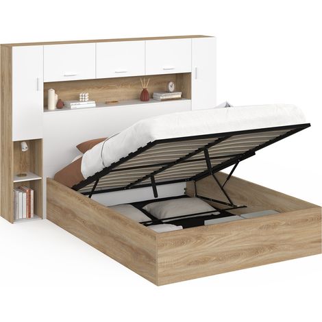 Lit pont coffre double BRIDGET armoire avec rangements et sommier 140 x 190 cm bois et blanc (1/5)