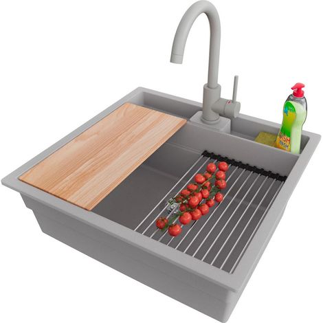 PRIMAGRAN Evier Cuisine en Granit 56x54cm,Lavabo 1 bac + Robinet 32x20cm + Kit de Vidage + Accessoires, Évier à Encastrer au meuble 60cm - Bergen Pocket, Gris (1/5)