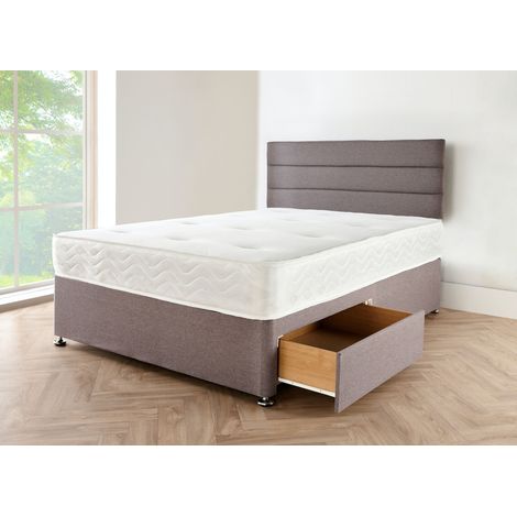 Grey LINEN Look Fabric Divan Bed Base with Headboard 4FT6 DOUBLE SIZE Bed Frame with 20 Inches High HORIZONTAL LINEAR Headboard With Mattress 10 and 2 Storage Drawers (4FT6 DOUBLE)