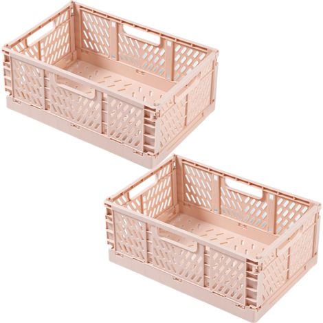 Lot de 2 Boîtes de rangement plastique pliables empilables, Pour Jouets, Cosmétiques, Bricolages, Salle de Bain, Cuisine (Rose, 22×14.7×9.3cm) (1/5)