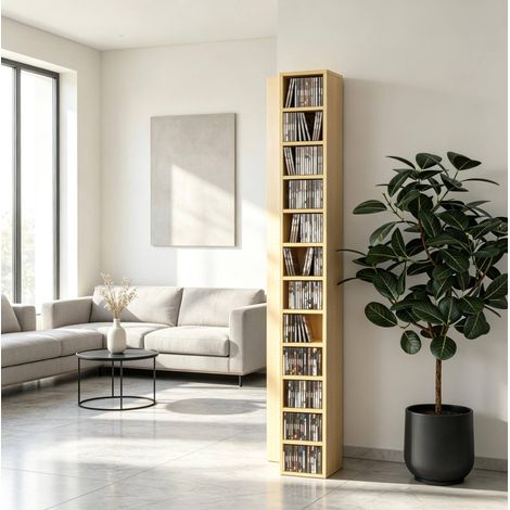 Meuble de rangement multimédia tour CD/DVD 12 niveaux, 21 x 20 x 175 cm, bois naturel OKMYHOME (1/5)