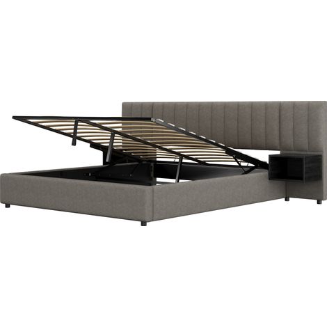 Letto contenitore 180 x 200 cm in lino grigio con 2 comodini, rete a doghe in legno (1/5)