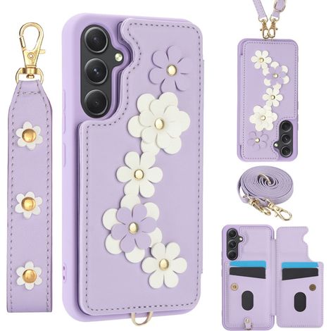 Funda para Samsung Galaxy A55 5G, de cuero con diseño floral y ranura para tarjetas, color morado. (1/5)