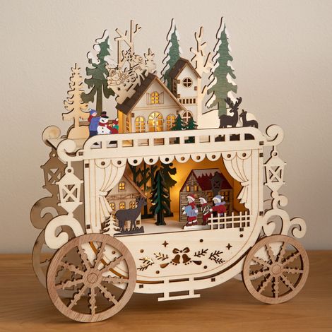 25cm Battery Powered Light Up Wooden Christmas Carriage Village with LEDs (1/5)
