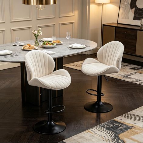 Lote de 2 taburetes de bar con respaldo de chenilla beige, regulables, 48 x 50 x 115 cm - CHICFURN (1/5)