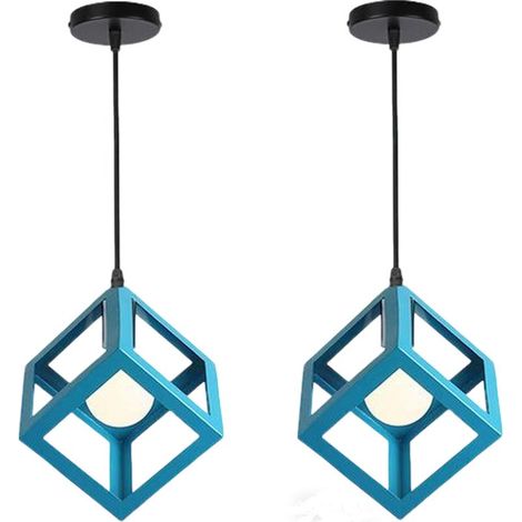 2PCS Suspension Lustre En Forme De Cube Suspension Luminaire Moderne Plafonnier Rétro Vintage Bleu Clair (1/5)