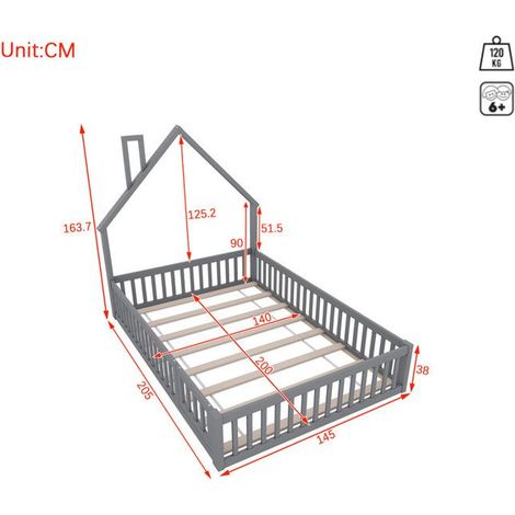 Lit enfant - 140 x 200 cm - Forme de cheminée - Grilles de sécurité - Bois massif gris (1/5)