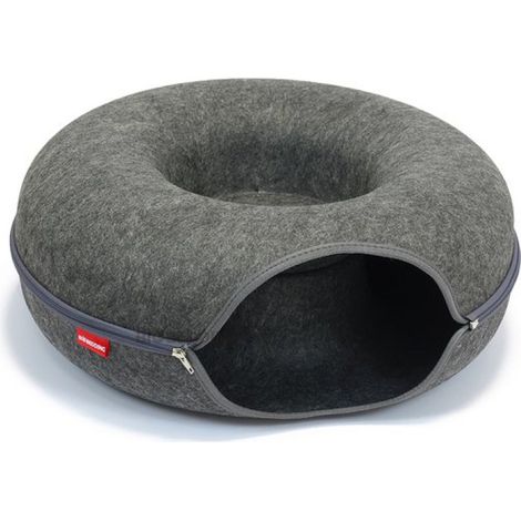 BioBedding - Panier de luxe pour chat Cosy Donut – Maison et panier 2 en 1 – Ø 50 cm – Feutre gris – Fermeture éclair et chaud – 1 ouverture (1/5)