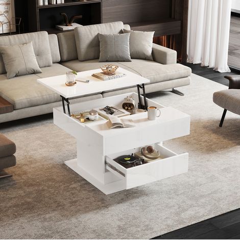 Mesa de centro 70 x 70 cm con tablero elevable giratorio 360° y cajón, blanco DESVIAE (1/5)