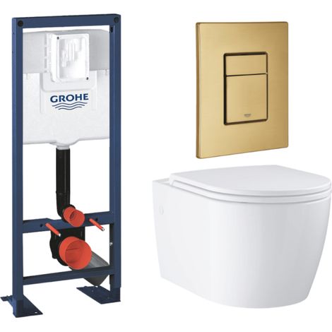 Pack WC suspendu GROHE sans bride caréné + Abattant Start + Bâti-support largeur réduite + Plaque commande Cool Sunrise (1/4)