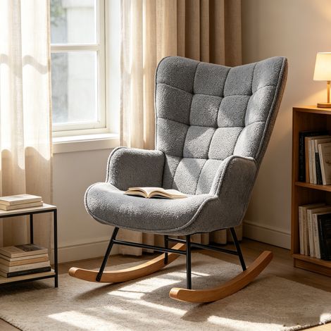 Fauteuil à bascule - BRILVERDE - pieds en bois - Gris foncé - Teddy Plush - Berceuse - confortable - Design Moderne - pour salon (1/5)
