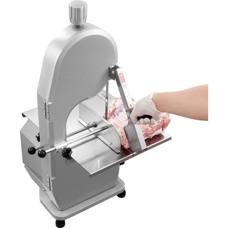 Scie à ruban électrique professionnelle pour viande, 1800W, inox, plan de travail 38x48,5 cm, épaisseur max 18 cm, coupe os et viande congelée, 5 lames, pour côtes porc bœuf (1/5)